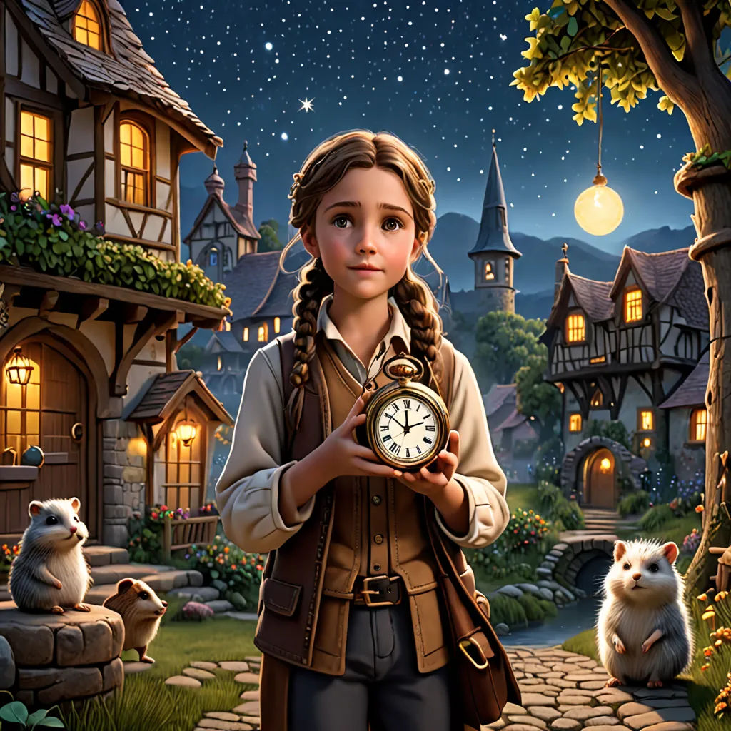a girl holding a clock in front of a house with a cat nearby at night time, with a full moon in the sky, fantasy art, a storybook illustration, Bob Byerley, kinkade