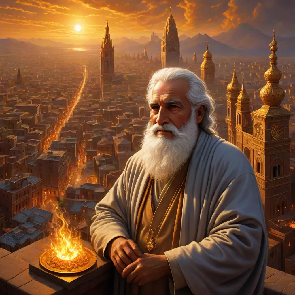 a painting of a man with a beard and white hair standing in front of a cityscape with a fire in his hand, a detailed matte painting, Christophe Vacher, fantasy art, epic fantasy character art