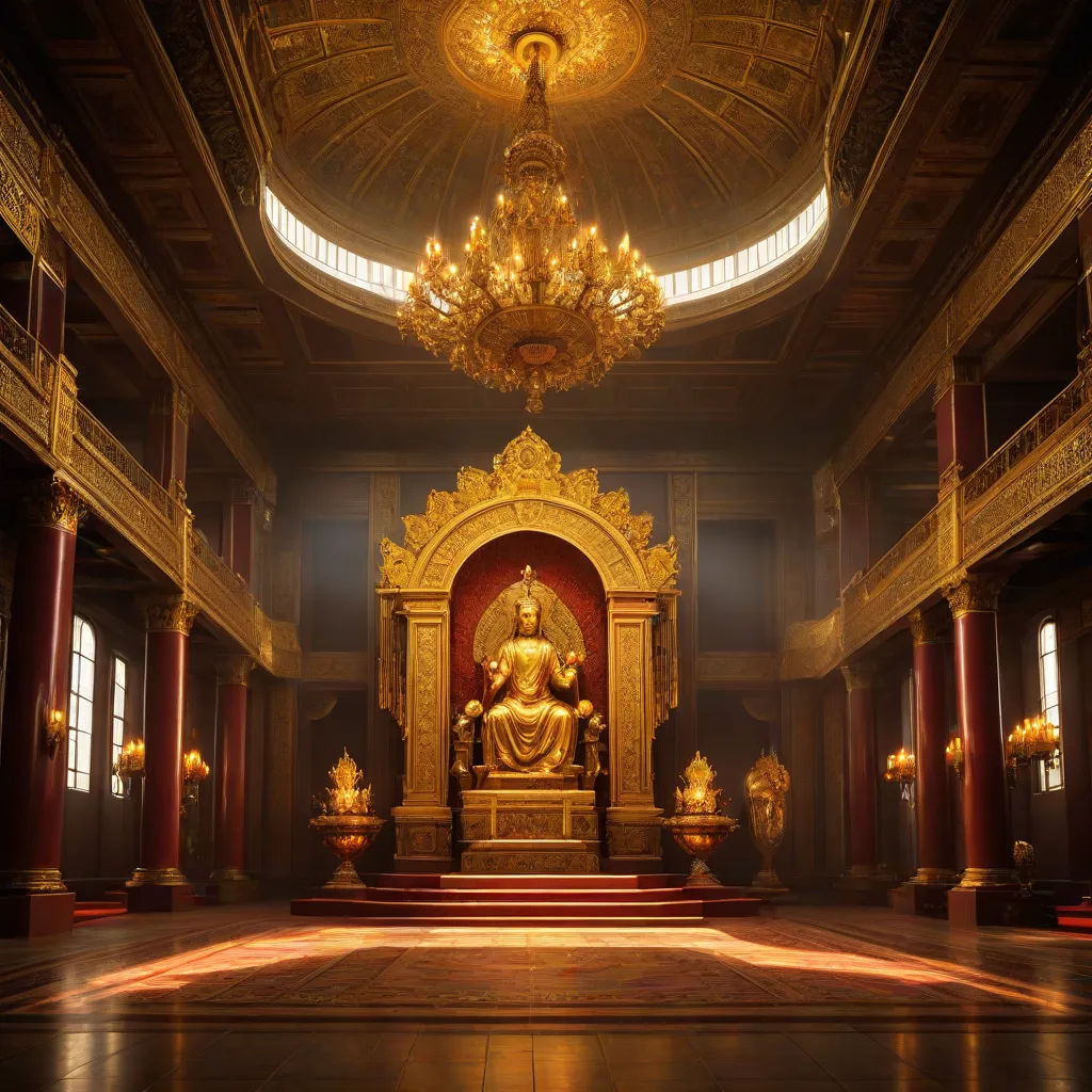 a large golden statue in a large room with chandelier and windows above it and a chandelier hanging from the ceiling, a detailed matte painting, Emperor Huizong of Song, photorealism, unreal engine render