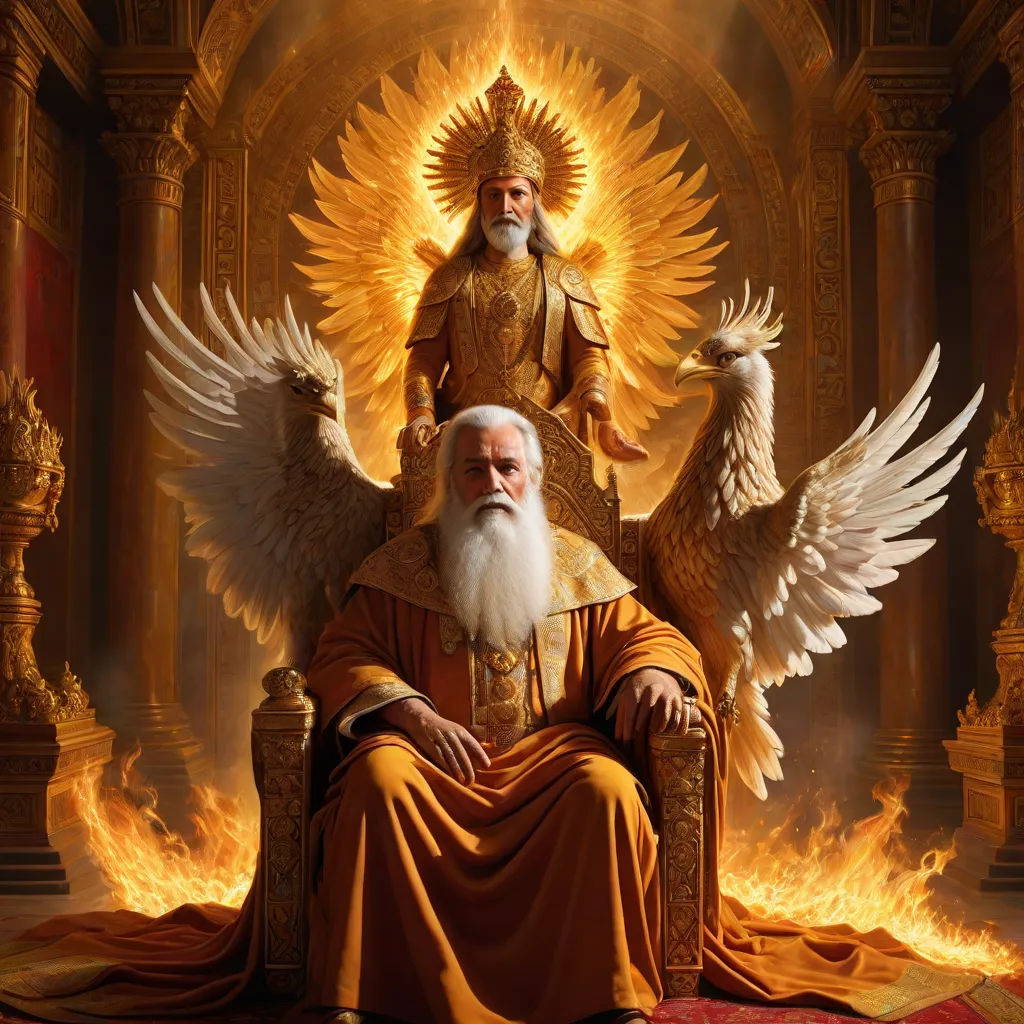 a man sitting on a throne with two birds on top of him and a golden statue behind him,, a detailed painting, Christophe Vacher, fantasy art, highly detailed digital painting