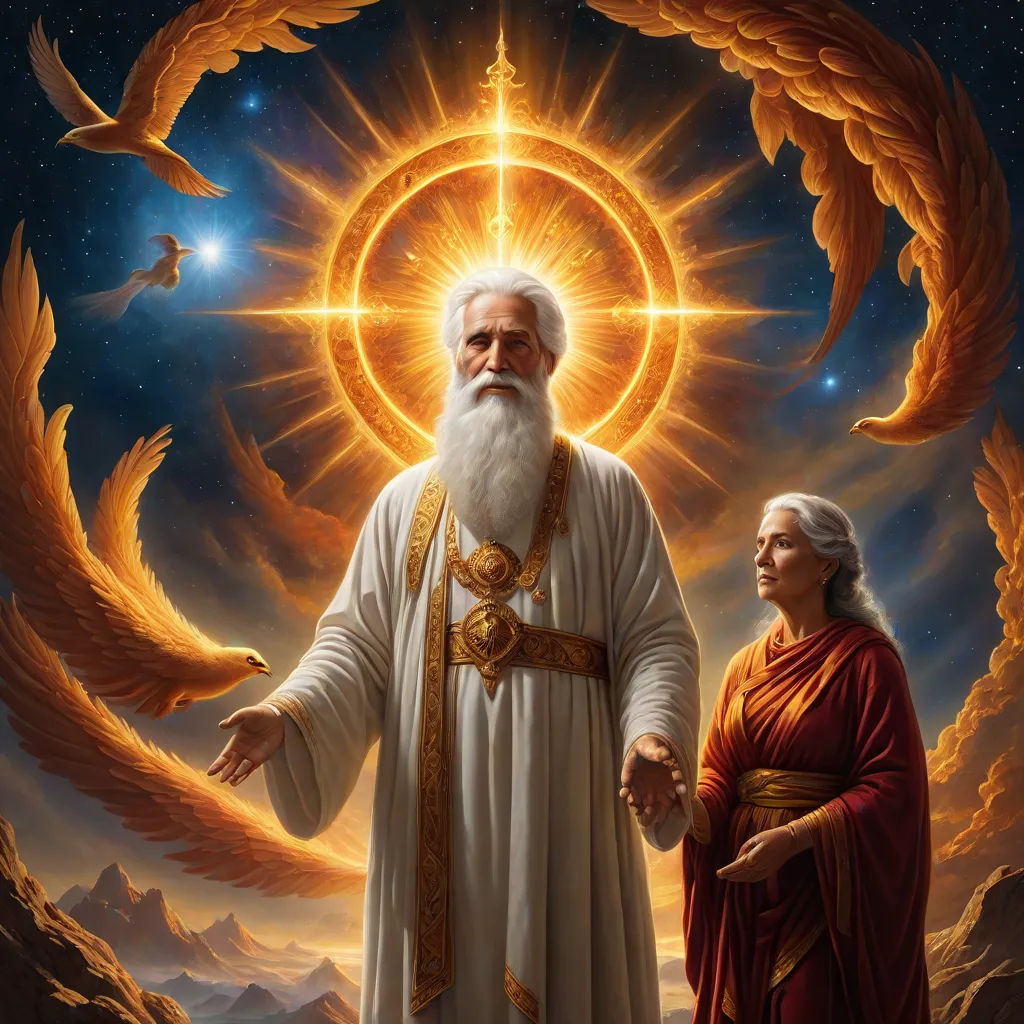 a painting of a man with a white beard and a white beard and a white beard and a white beard and a white beard and a golden halo and a woman with a red dress, a detailed painting, Christophe Vacher, rayonism, radiant light
