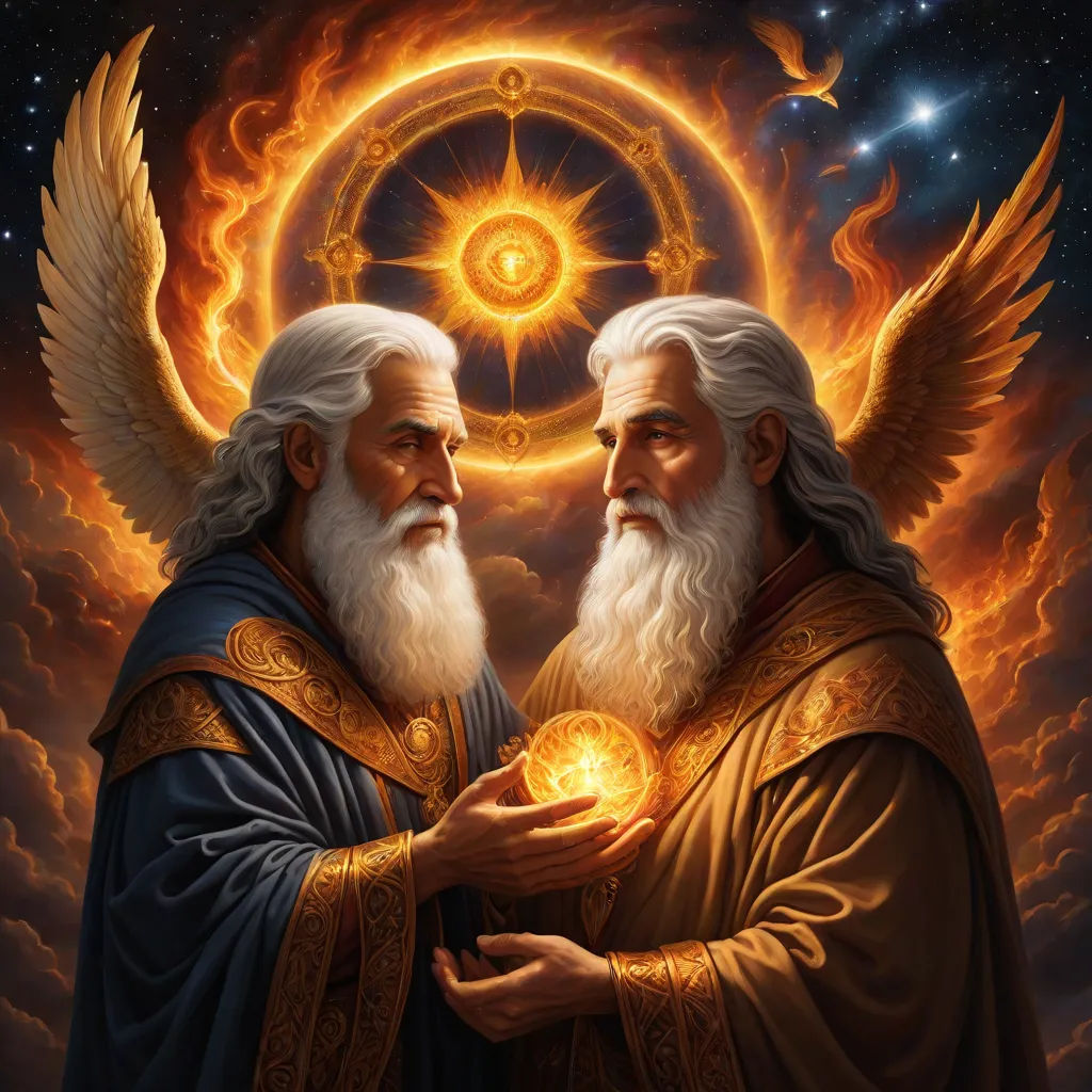 two men with white hair and beards holding a ball of fire in their hands, with a bright sun in the background, a detailed painting, Donato Giancola, fantasy art, highly detailed digital painting