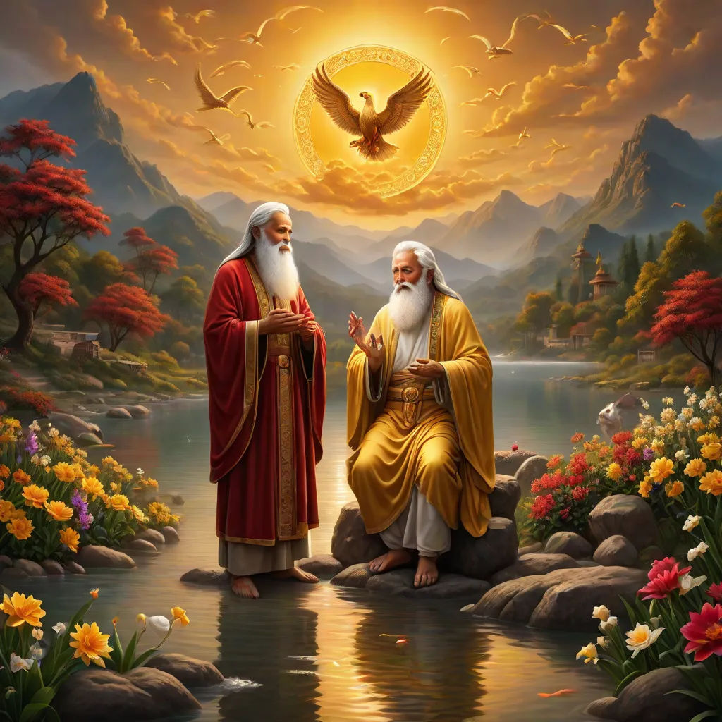 two men in robes are standing in front of a lake with a bird flying above them and a sun above them, a detailed painting, Brothers Hildebrandt, metaphysical painting, highly detailed digital painting