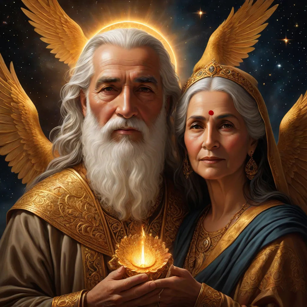 a painting of a man and woman holding a candle in their hands with a star in the background and a sky with stars, a detailed painting, Donato Giancola, fantasy art, highly detailed digital painting