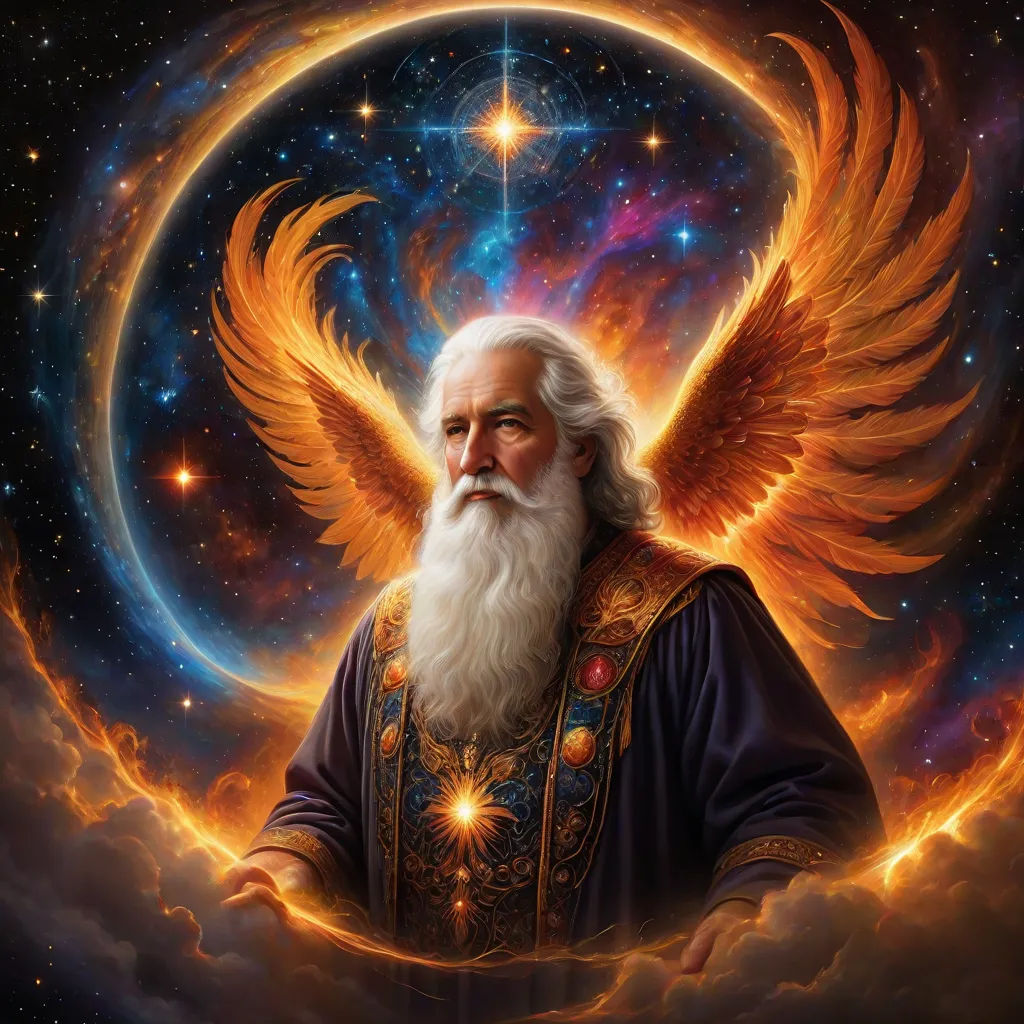 a painting of a man with a long white beard and a white beard and a large orange and blue bird, a detailed painting, Donato Giancola, fantasy art, highly detailed digital painting