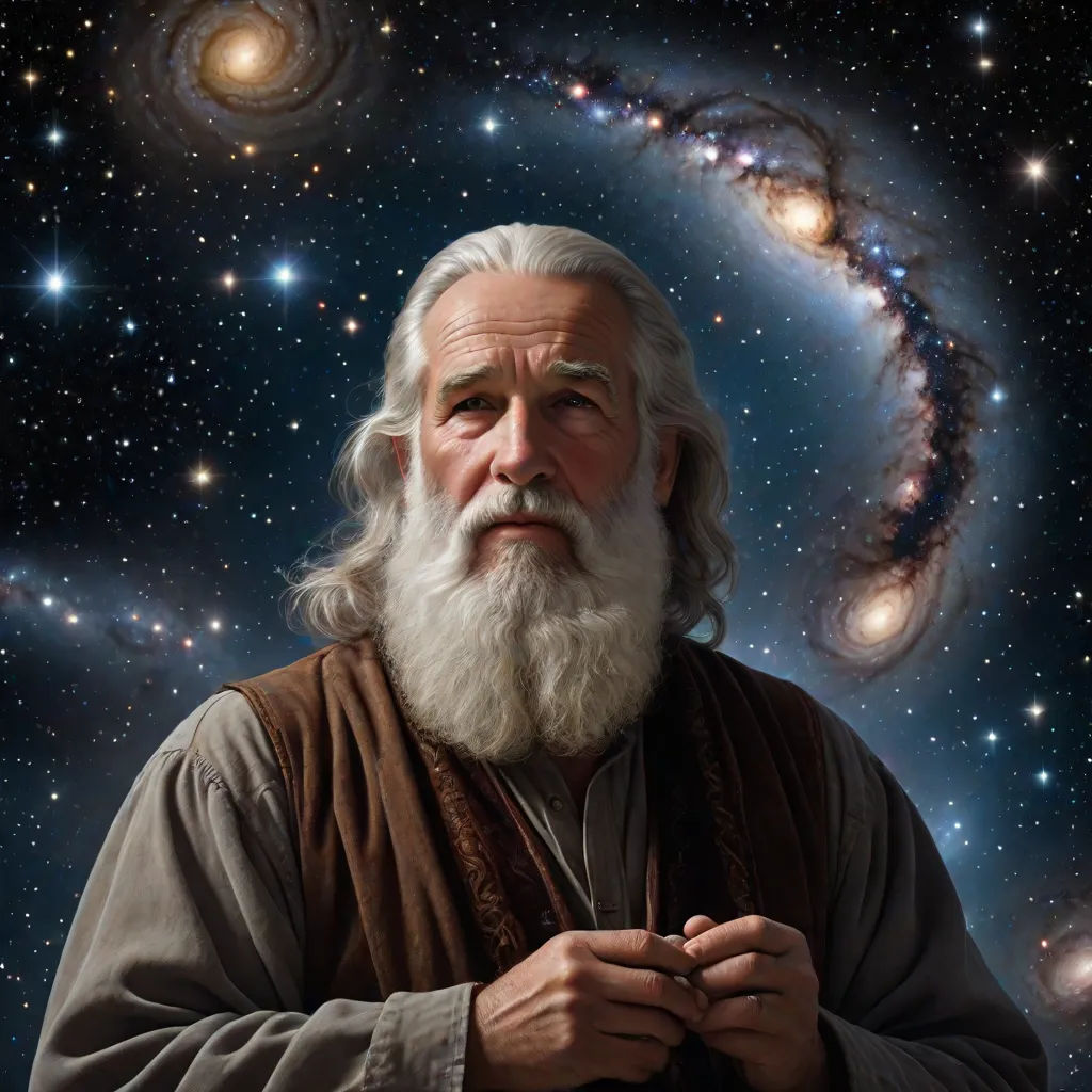 a painting of a man with a beard and a white beard and a white beard and a spiral galaxy in the background, an ultrafine detailed painting, Donato Giancola, space art, highly detailed digital painting