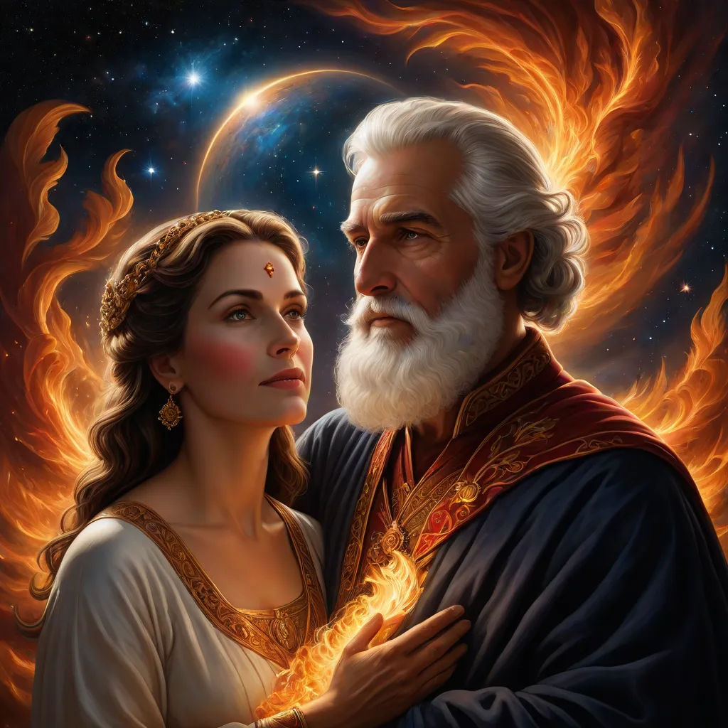 a painting of a man and woman in front of a fireball and stars background with a crescent of light, a detailed painting, Donato Giancola, fantasy art, radiant light