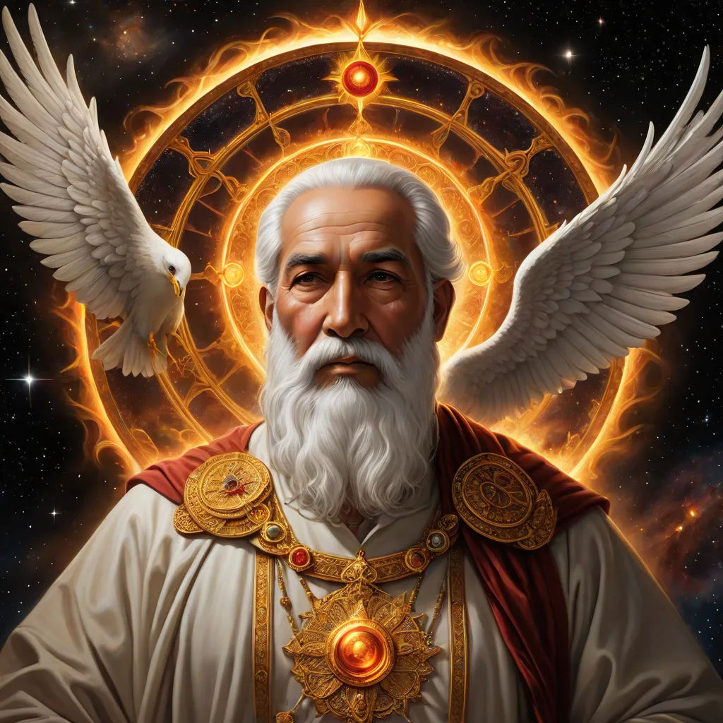 a painting of a man with a white beard and a white beard wearing a red cape and a golden halo, a detailed painting, Christophe Vacher, fantasy art, highly detailed digital painting