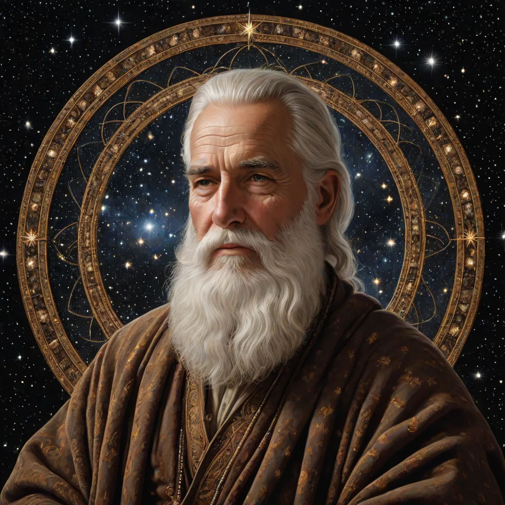 a painting of a man with a beard and a white beard wearing a robe and standing in front of a star filled sky, a detailed painting, Donato Giancola, space art, extremely detailed oil painting