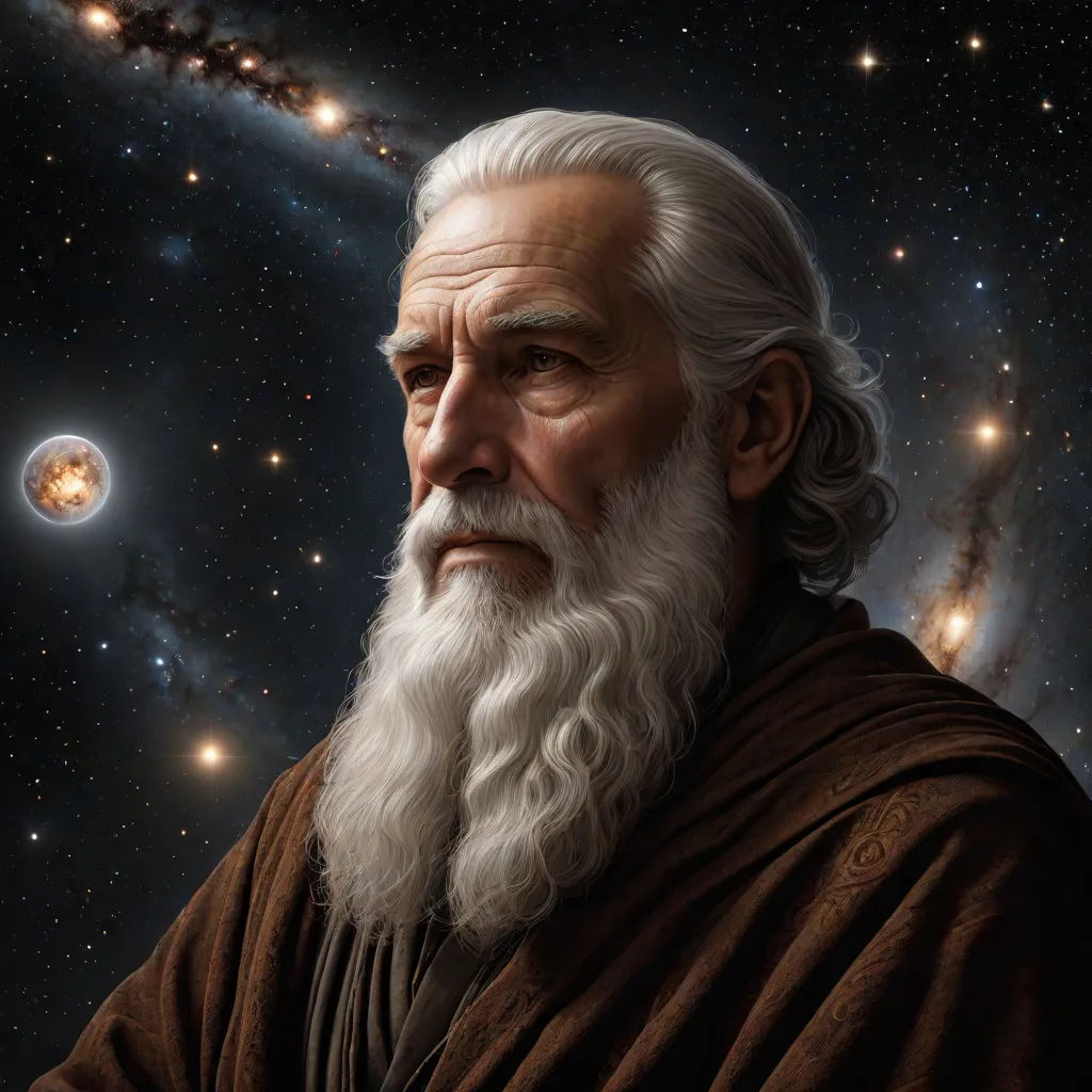 a painting of a man with a beard and white hair and a beard, in front of a galaxy, a detailed painting, Donato Giancola, space art, highly detailed digital painting