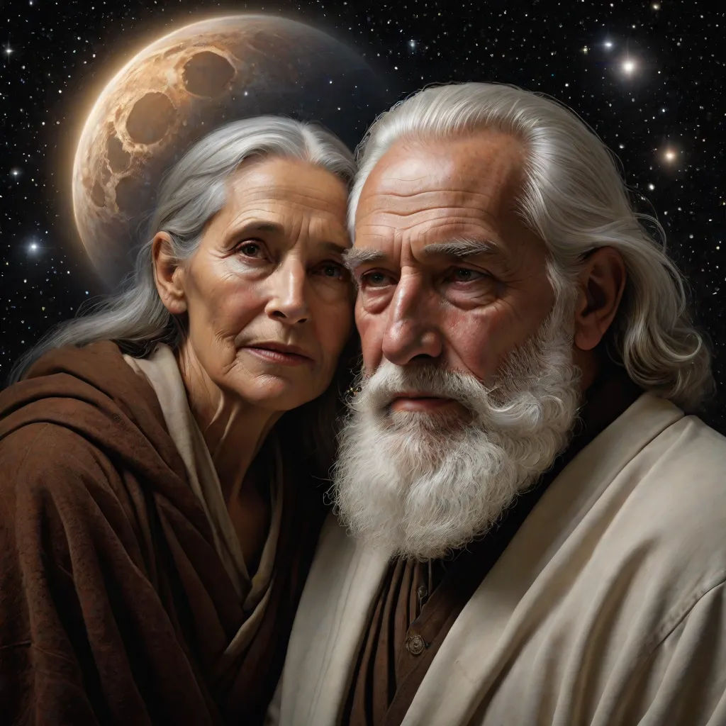 a painting of a man and woman in front of a planet with stars and a moon in the background, a detailed painting, Drew Struzan, space art, highly detailed digital painting
