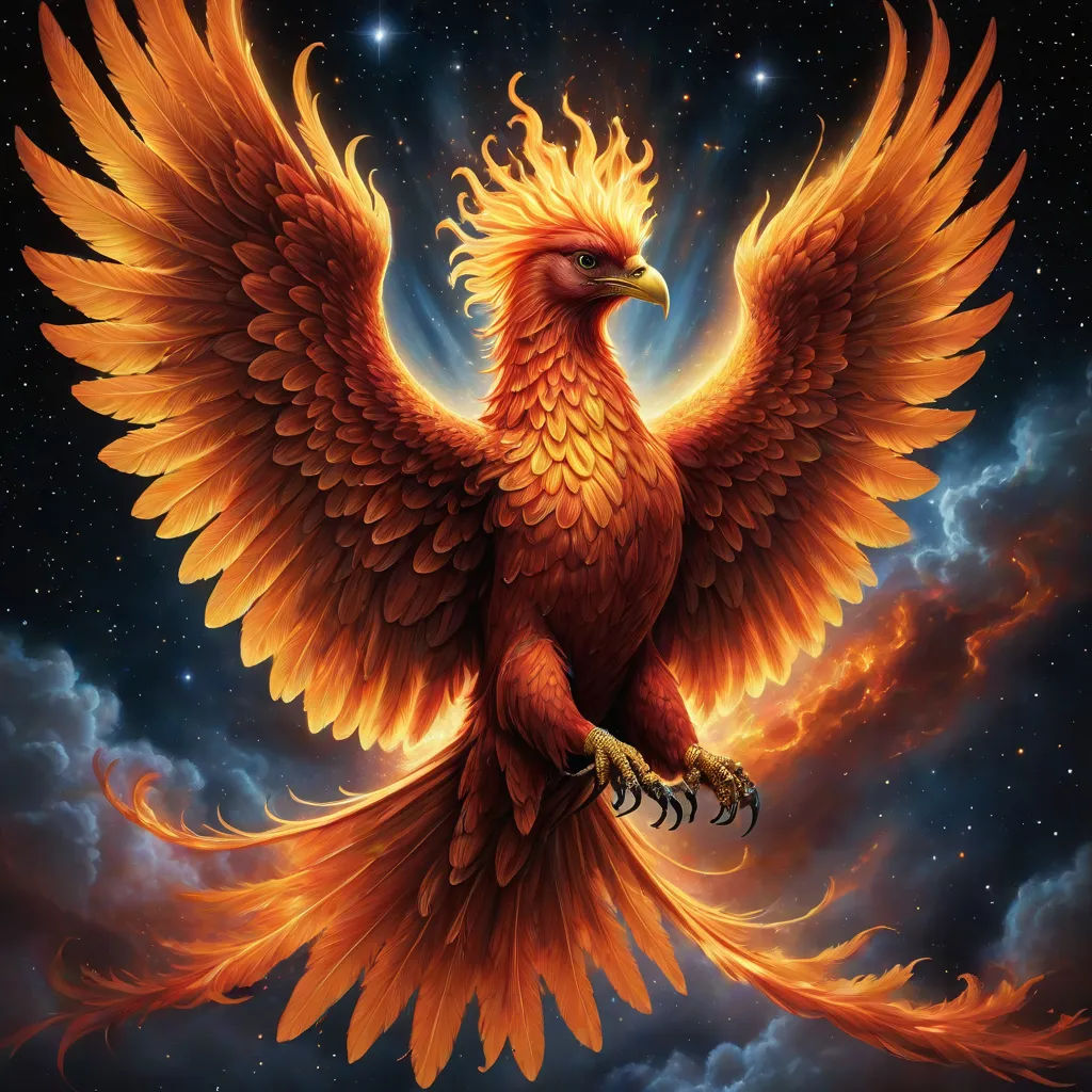 a bird with orange wings and a star in the background with clouds and stars in the sky, with a bright orange bird with orange wings and yellow wings, an airbrush painting, Anne Stokes, fantasy art, sun