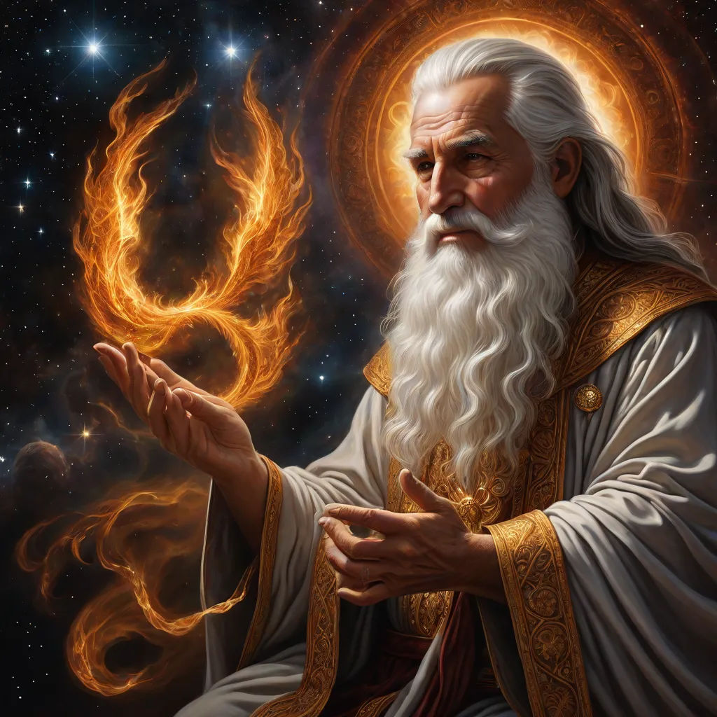 a painting of a man with a long white beard and a white beard and wearing a gold robe and holding a flame, a detailed painting, Donato Giancola, fantasy art, epic fantasy character art