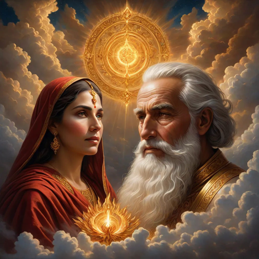 a painting of a man and woman with a halo above them, surrounded by clouds and a golden halo, a detailed painting, Drew Struzan, fantasy art, highly detailed oil painting