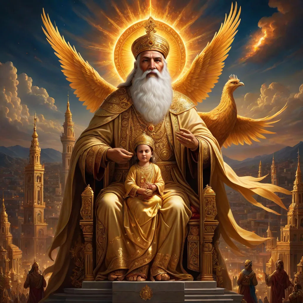 a painting of a saint sitting on a throne with a bird on his arm and a child in his lap, a detailed painting, Dionisius, fantasy art, highly detailed oil painting
