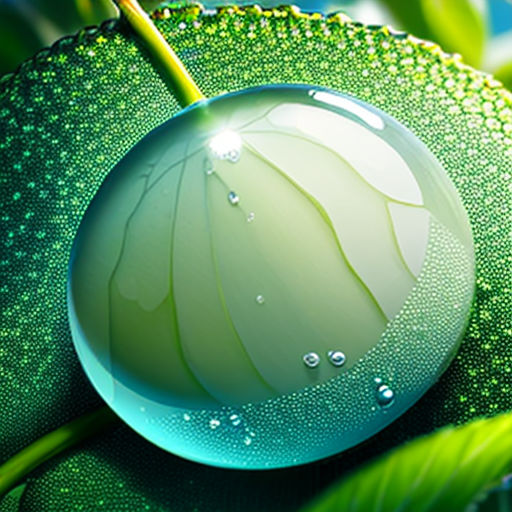 a green leaf with a drop of water on it's surface, with a blue sky in the background