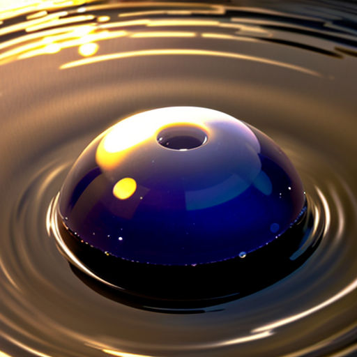 a blue ball floating in a pond of water with a yellow light shining on it's surface and a black circle around it
