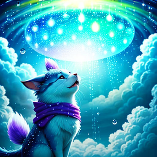 a cat sitting on top of a cloud covered ground under a rainbow colored sky with stars and a rainbow