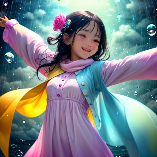 a girl in a dress and scarf is holding a flower in her hand and a rain shower is in the background