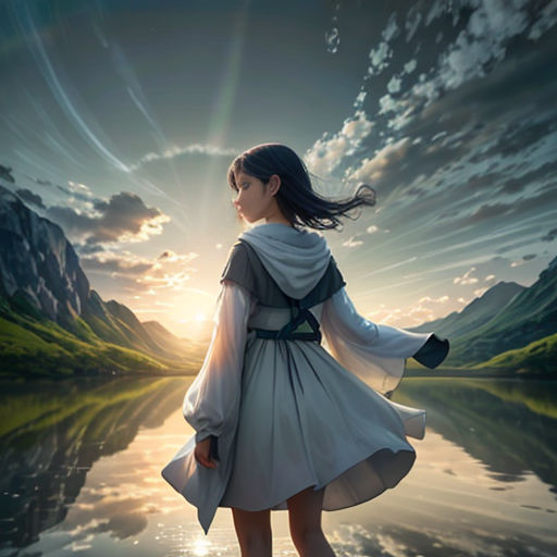 a girl in a white dress standing on a lake with mountains in the background and a sky with clouds
