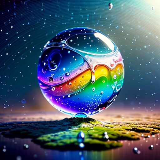 a colorful ball with water droplets floating on it's surface in the middle of a field of grass