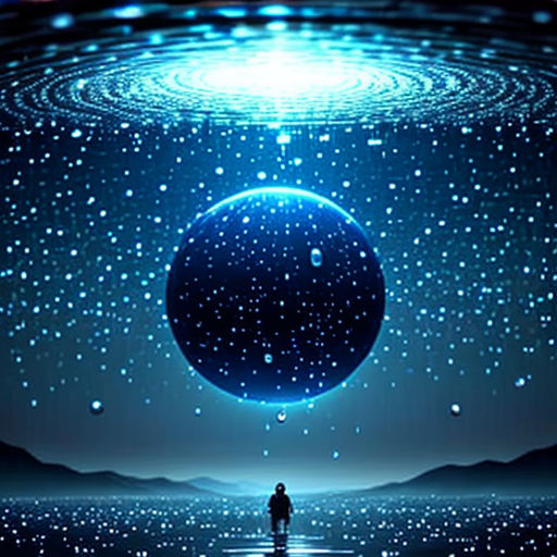 a man standing in front of a blue ball with stars on it and a black background with a blue circle