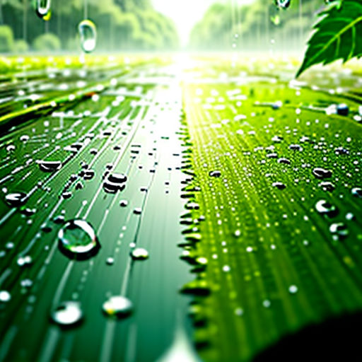 a green leaf with water drops on it and a green background with trees and grass in the background and a bright light