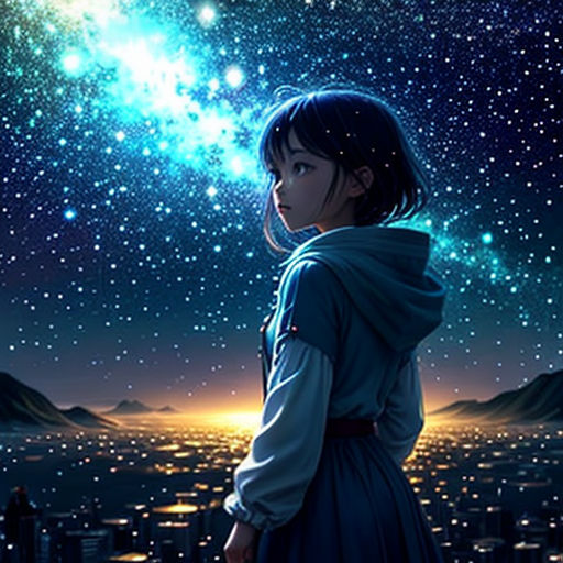 a girl looking at the stars in the sky above a city at night with a bright blue sky and stars in the sky