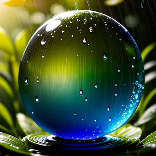 a green and blue sphere with water droplets on it sitting on a leafy surface with a sun shining in the background