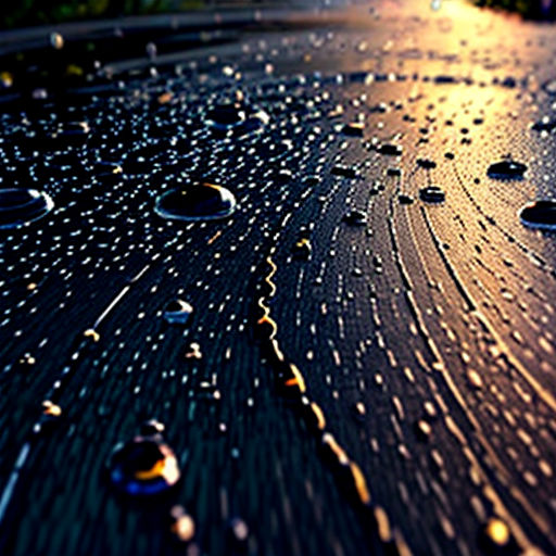a close up of a rain covered table with many drops of water on it and a street in the background