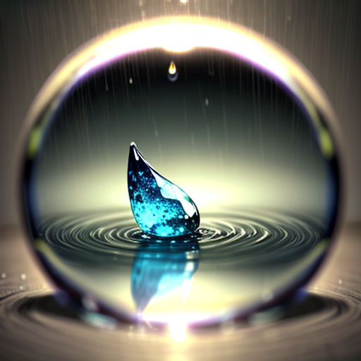 a blue and white water droplet in a pool of water with a light reflecting off of it's surface