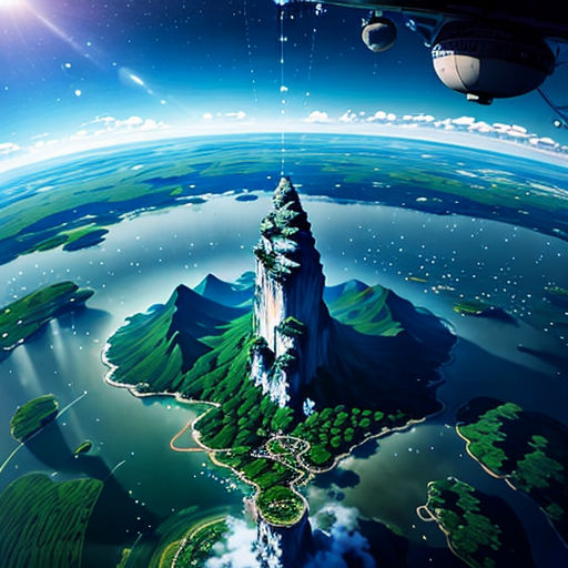 a computer generated image of a floating island in the sky with a floating rocket in the background and a floating space ship in the foreground