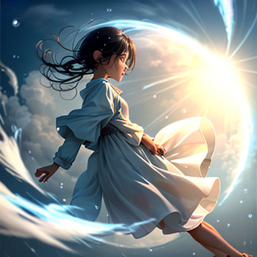 a girl flying through the air with a white ball in her hand and a blue sky behind her, with clouds and stars