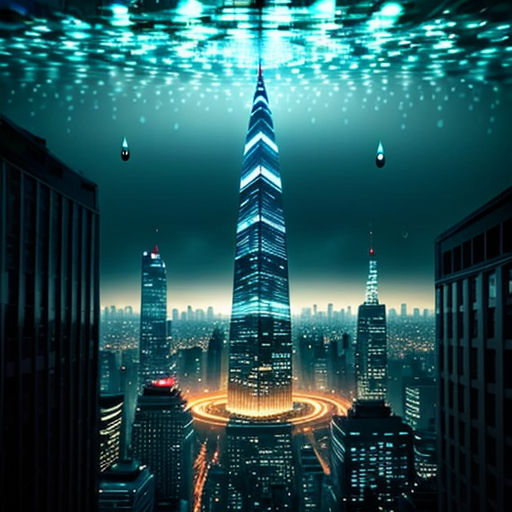 a cityscape with a very tall building in the middle of it at night time with lights on