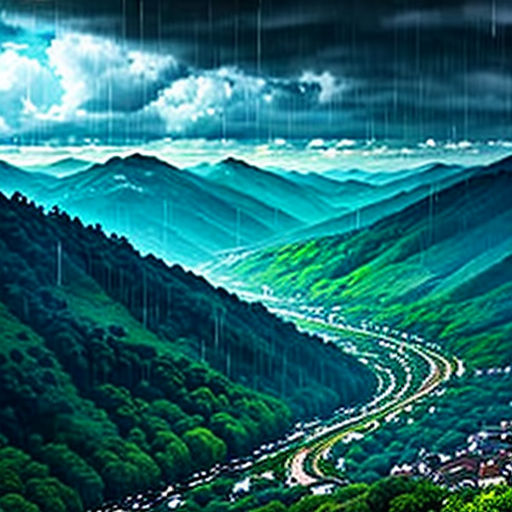 a painting of a road going through a valley with mountains in the background and a dark sky with clouds