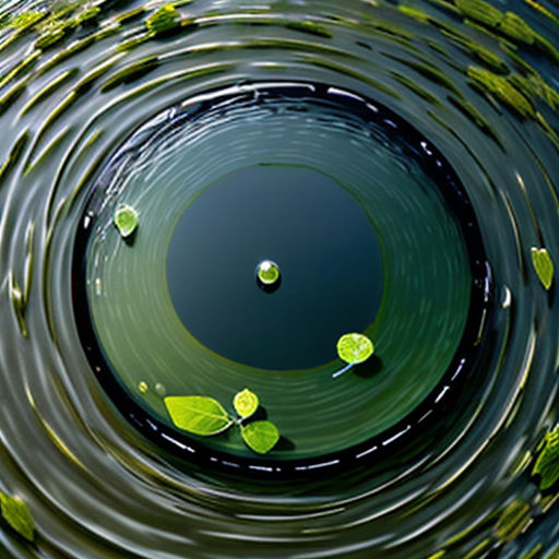 a circular pond with water lilies and leaves floating in it's water surface, with a green leafy pattern on the surface