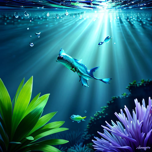 a painting of a fish swimming in the ocean with plants and fish nearby in the water, with sunlight coming through the water