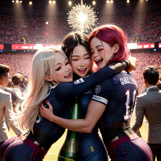 two girls hugging each other in front of a crowd of people at a stadium with fireworks in the background