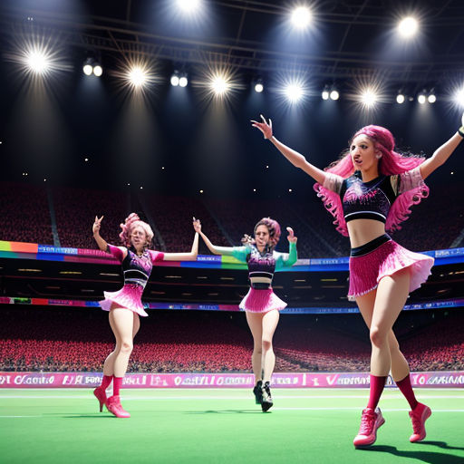 a group of cheerleaders perform on a stage in a stadium with lights on the sidelines and a stadium audience