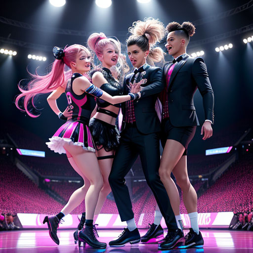 a group of people in a dance pose on a stage with a crowd of people watching them from the stands