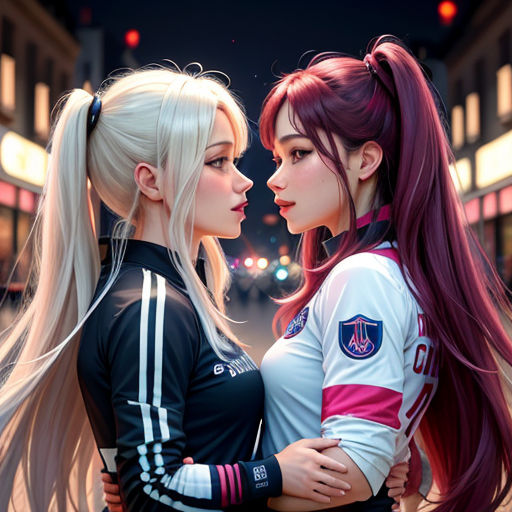 two anime girls standing next to each other on a street at night time with city lights in the background
