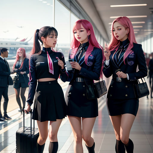 three girls in uniforms are standing in a hallway with luggage and talking on the phone while one girl is holding a suitcase