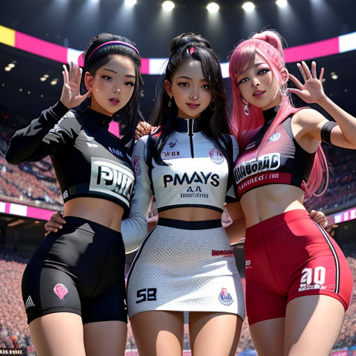three girls in sports wear posing for a picture in a stadium with a stadium background and a stadium full of people