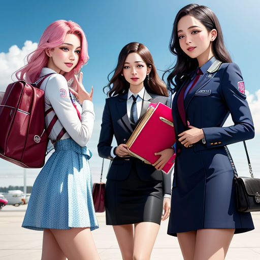 three girls in uniforms are standing on a runway with a book in their hands and a backpack in their hand