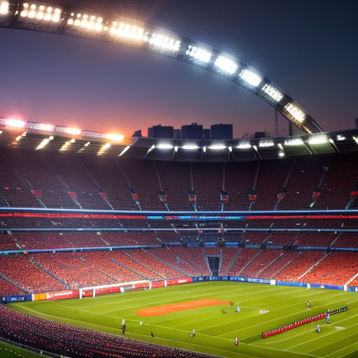 a stadium with a lot of people playing soccer at night time with bright lights on the stands and the field