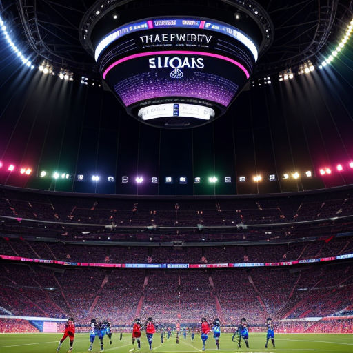 a soccer stadium with a large crowd of people playing soccer on the field at night time with bright lights