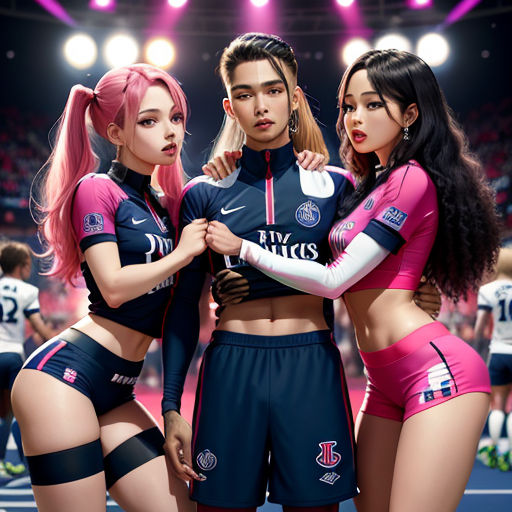 a group of women standing next to each other on a tennis court with a stadium in the background and a neon light