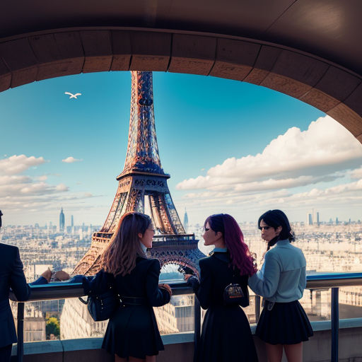 three girls standing in front of the eiffel tower looking at the view of the city below them