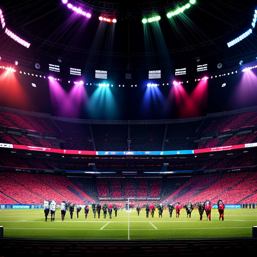 a soccer stadium with a band of people on the field and lights on the ceiling and in the stands
