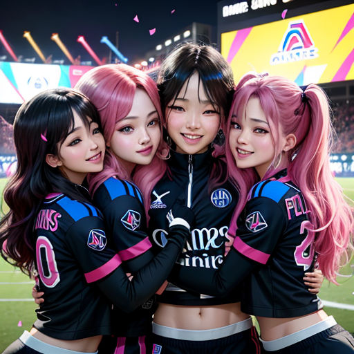 three girls in black uniforms standing together on a field with confetti in the air in the background